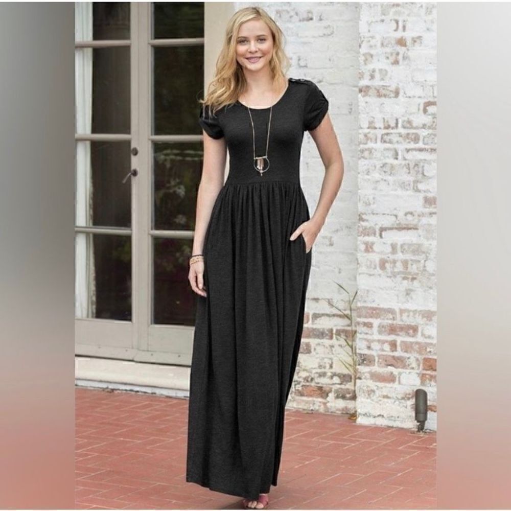 Matilda Jane Black Night Owl Maxi Dress Short Sleeves Pockets XS